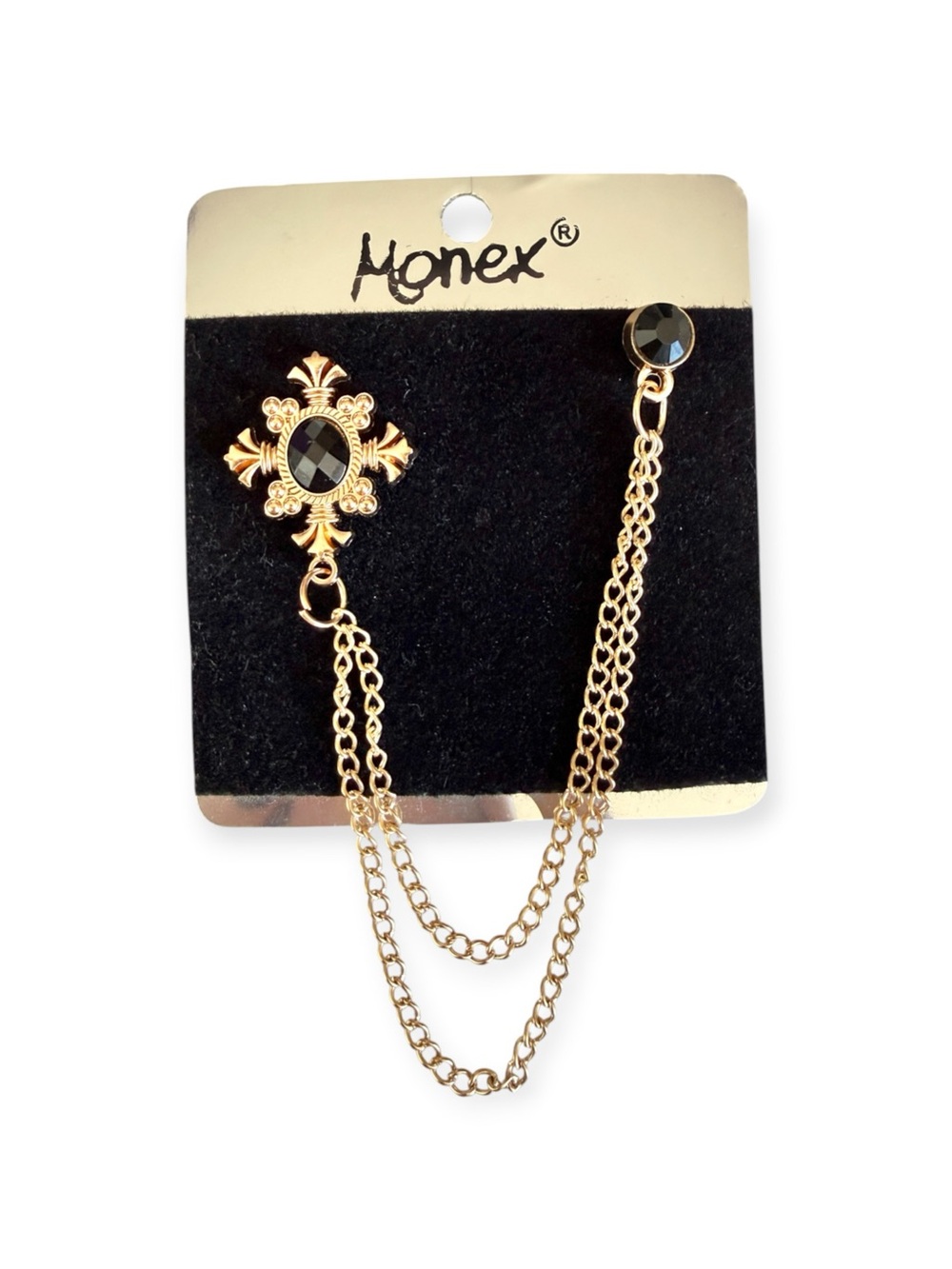 Vintage 90s Y2K Monex Black Rhinestone Double Chain Lapel Pin Brooch